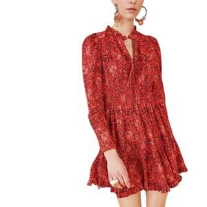 Ulla Johnson Liv Dress Poppy Floral Red Size 10 Mini Peasant Tiered Long Sleeve